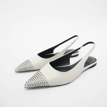 קיץ נשים נעליים שטוחות מעור לבן מרותק Slingbacks פרדות נעליים עם עקבים נמוכים עבור נשים אלגנטי מחודד בוהן הנשית הנעלה