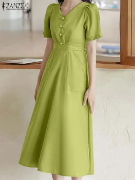 ZANZEA החג הקיץ צוואר V שמלת קיץ אופנה קוריאנית מוצק מידי שמלות נשים שרוול קצר ארוך Vestido מזדמן כפתורי החלוק 2023