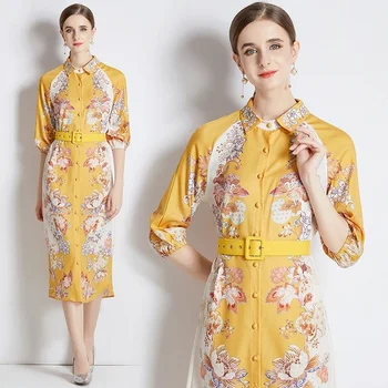 זהב אלגנטי צבע צהוב משפט בסגנון בינוני שרוול ארוך סתיו שמלות חופשי Softerable אחת עם חזה אופנה מסיבת Vestidos