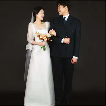 חדש שמלת הכלה סאטן בסגנון קוריאני שמלת כלה אלגנטי מרובע צווארון עם שרוולים צרופה פשוט מסיבת חתונה שמלת Sukienka