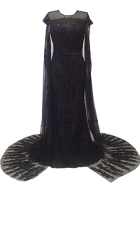 O-צוואר שרוול ארוך סקסית מפנקת תחרה חרוזים אפליקציה שחור שמלות ערב