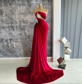 רשמית אדום בתולת ים שמלות לנשף עבור נשים סאטן גביש סטרפלס Sleevelss חריץ סקסי ערב המפלגה שמלות חלוק De Mariage