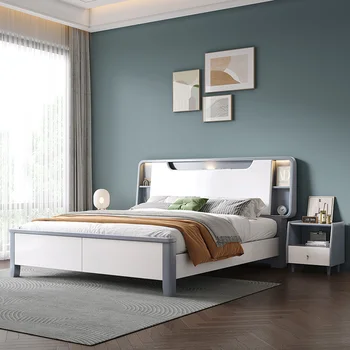 בסגנון נורדי מעץ מלא מיטה מודרנית פשוטה 1.8 מ 'אור יוקרה חדר השינה הראשי מיטה זוגית 1.5 מ' לבן גבוה תיבת אחסון למיטה