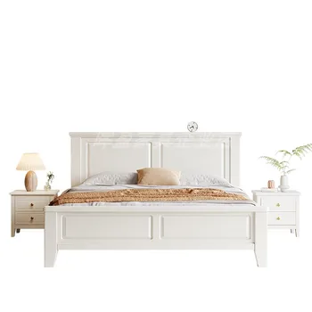 נורדי לבן מעץ מלא מיטה מודרנית פשוטה 1.8 מ 'מיטה זוגית 1.5 מ' אור יוקרה מיטת חדר השינה גבוה תיבת אחסון למיטה