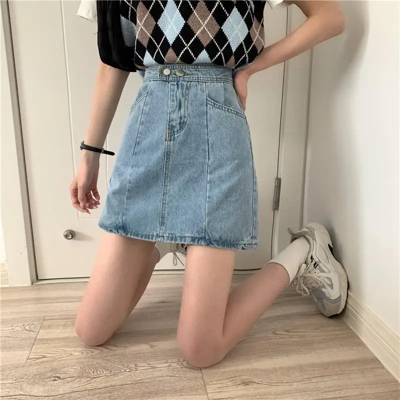 MOUKYUN קיץ נשים ג 'ינס חצאית מיני גדול גודל גבוה מותן חצאית ג' ינס בנות רופף אופנה קוריאנית קו כחול חצאיות כותנה