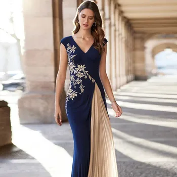 V-צוואר כחול שמלת סאטן אפליקציה פרחים בת ים שמלה עם הרכבת שרוולים אישה בגדים עם שסע בהזמנה אישית שמלת ערב